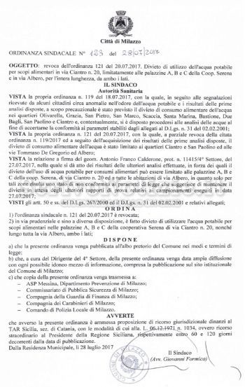 Milazzo - Emergenza acqua a Ciantro, nuova ordinanza del Sindaco. Divieto solo in poche zone