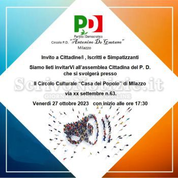 Milazzo - Milazzo (ME) – Venerdì 27 ottobre Assemblea del PD