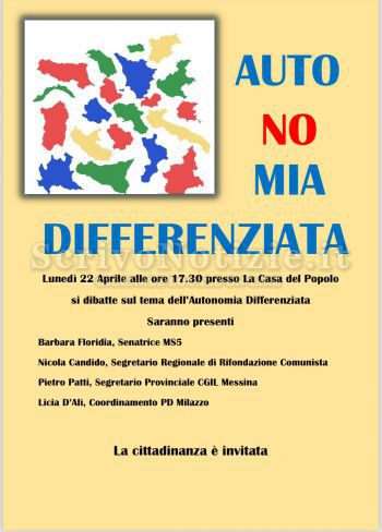 Milazzo - Milazzo (ME) – Lunedì 22 aprile incontro-dibattito sull’autonomia differenziata